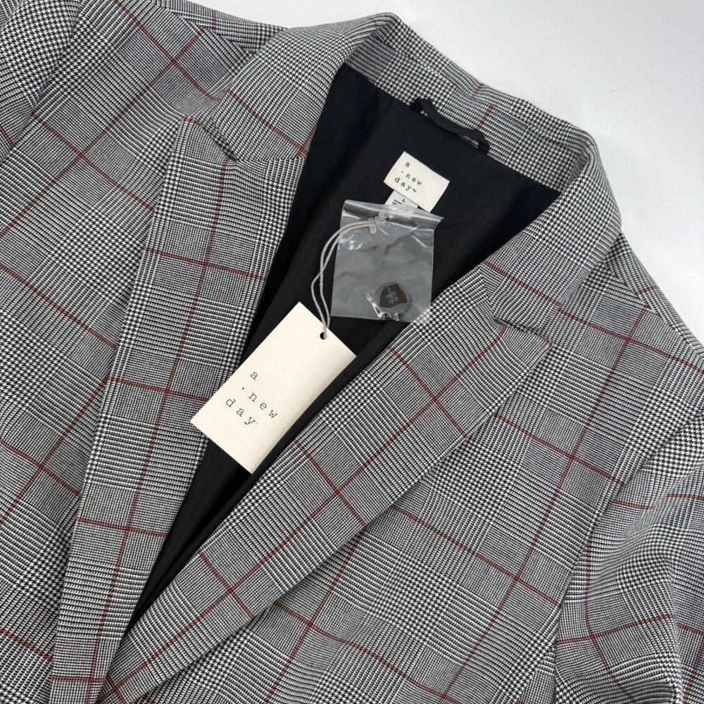A New Day Womens Grey Glen Plaid Blazer Red Overcheck Two Button Jacket Size L